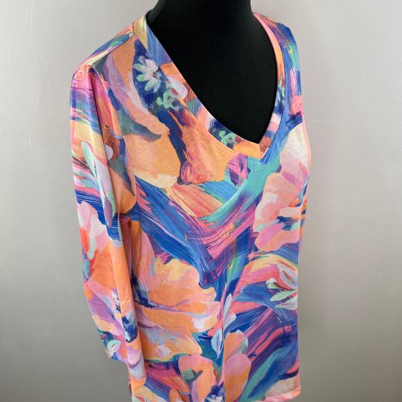 Soft Surroundings Felisa Tunic Top Pink Blue Watercolor Abstract Floral 2FD74 L - Picture 3 of 6